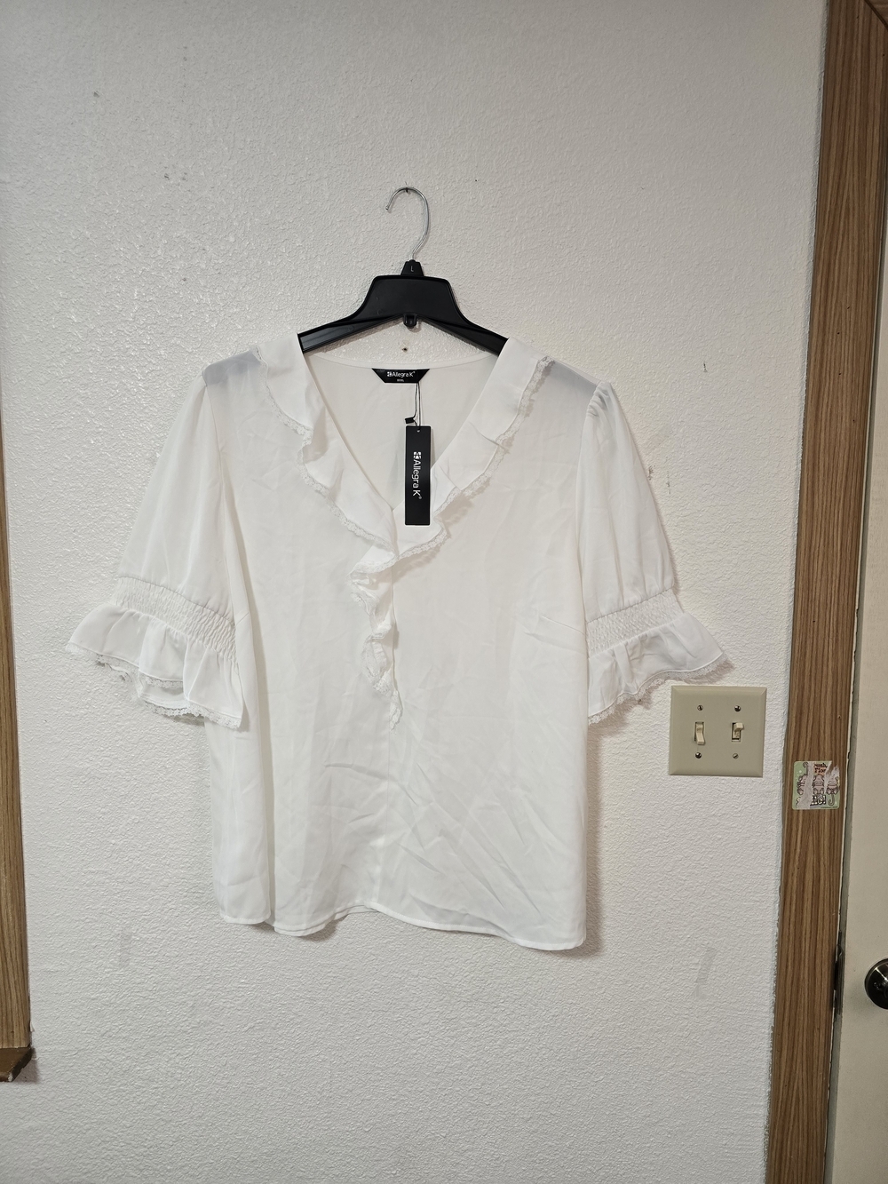 Allegra K White Ruffle V-Neck Blouse
